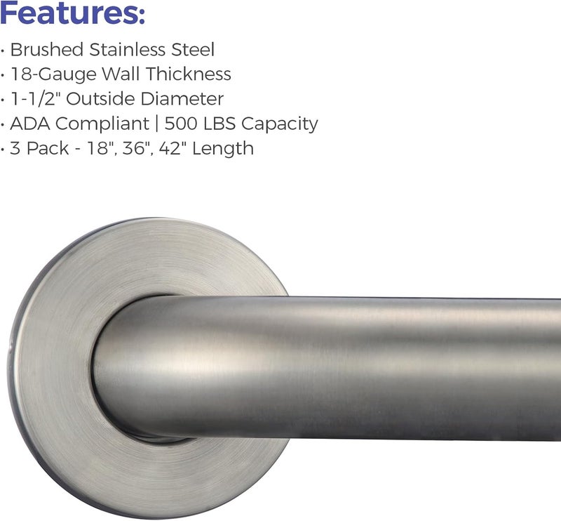 stardrix Grab Bar Bundle for ADA Compliance, Brushed Stainless Steel Grab Bar Set for Commercial and Residential Restrooms, 1.5" Diameter - 18", 36", 42" - Pack of 3 - Image 5